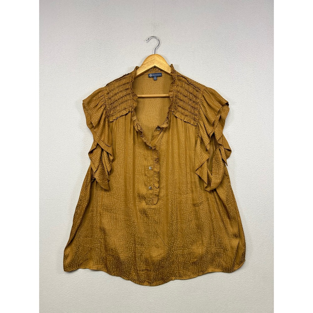 Boho Romantic Democracy Womens 3X Mustard Gold Ruffle Smocked Dotted Blouse